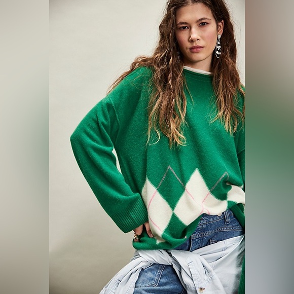 Free People Sweater Womens Medium 100% Cashmere Addie Argyle Green Oversized - Picture 3 of 12